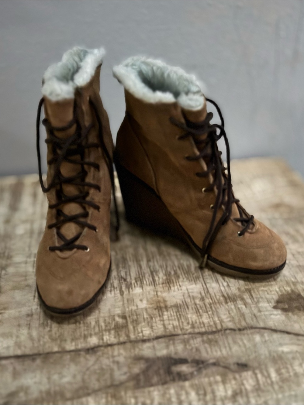 Michael Kors Brown Lace-Up Wedge Boots with Shearling Collar